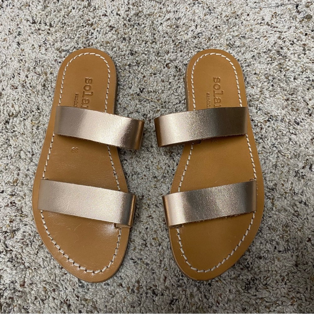 Solange sandals us 8.5 / strappy slip on leather shimmer shoes beachy minimalist